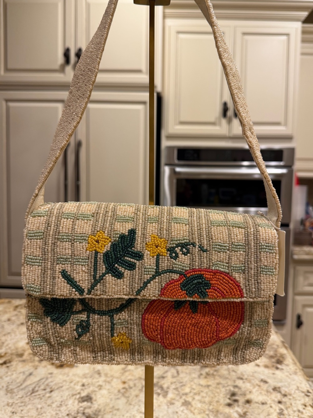 Hand-Beaded Floral Shoulder Bag in Cream and Orange